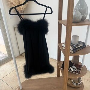 Saint Laurent Black Mini Dress with Fur Trim